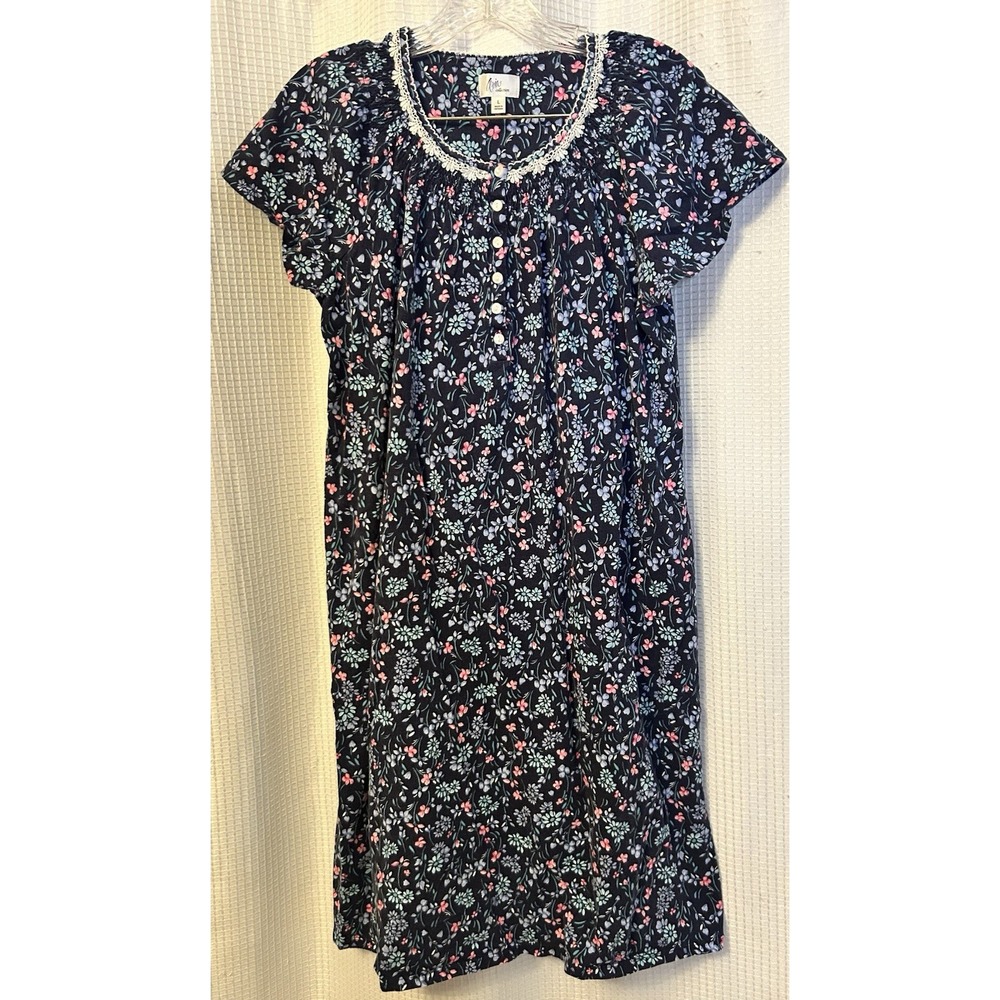 Aria Dark Blue Floral Nightgown L 100% Cotton Granny Cottagecore Short Sleeve